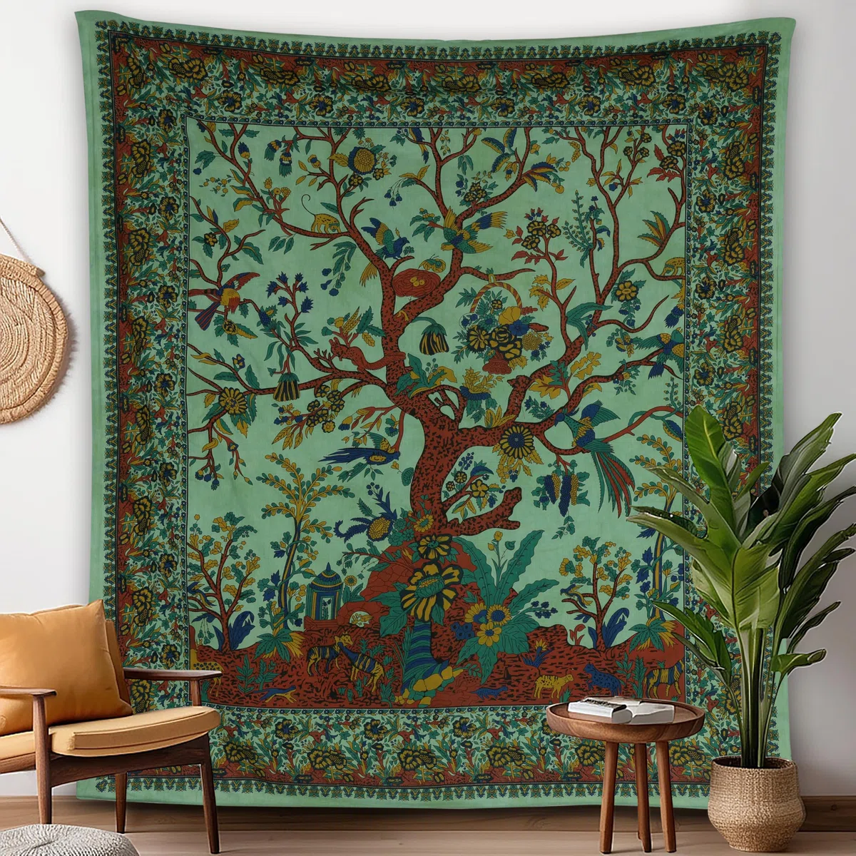 Craft Trade Grün Baum Wandteppich Indische Wandtuch Tapestry Wandbehang Boho Wandteppiche für Heimdeko Wohnzimmer und Schlafzimmer - 127 x 152 cm