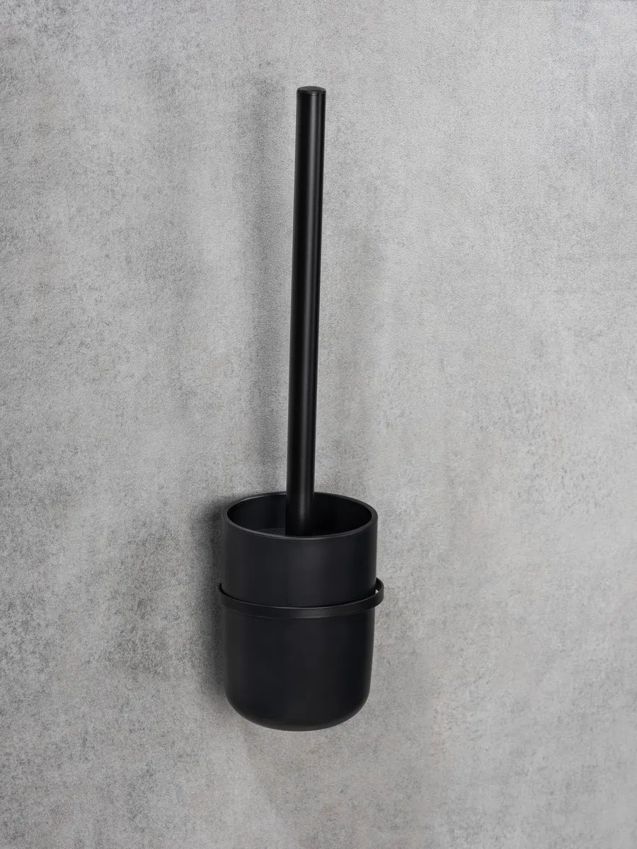 WENKO WC-Garnitur Mod. Carpino Kunststoff WC-Bürstenhalter für einfache Befestigung ohne Bohren Flexible Abdeckung Wandhalterung Metall Schwarz