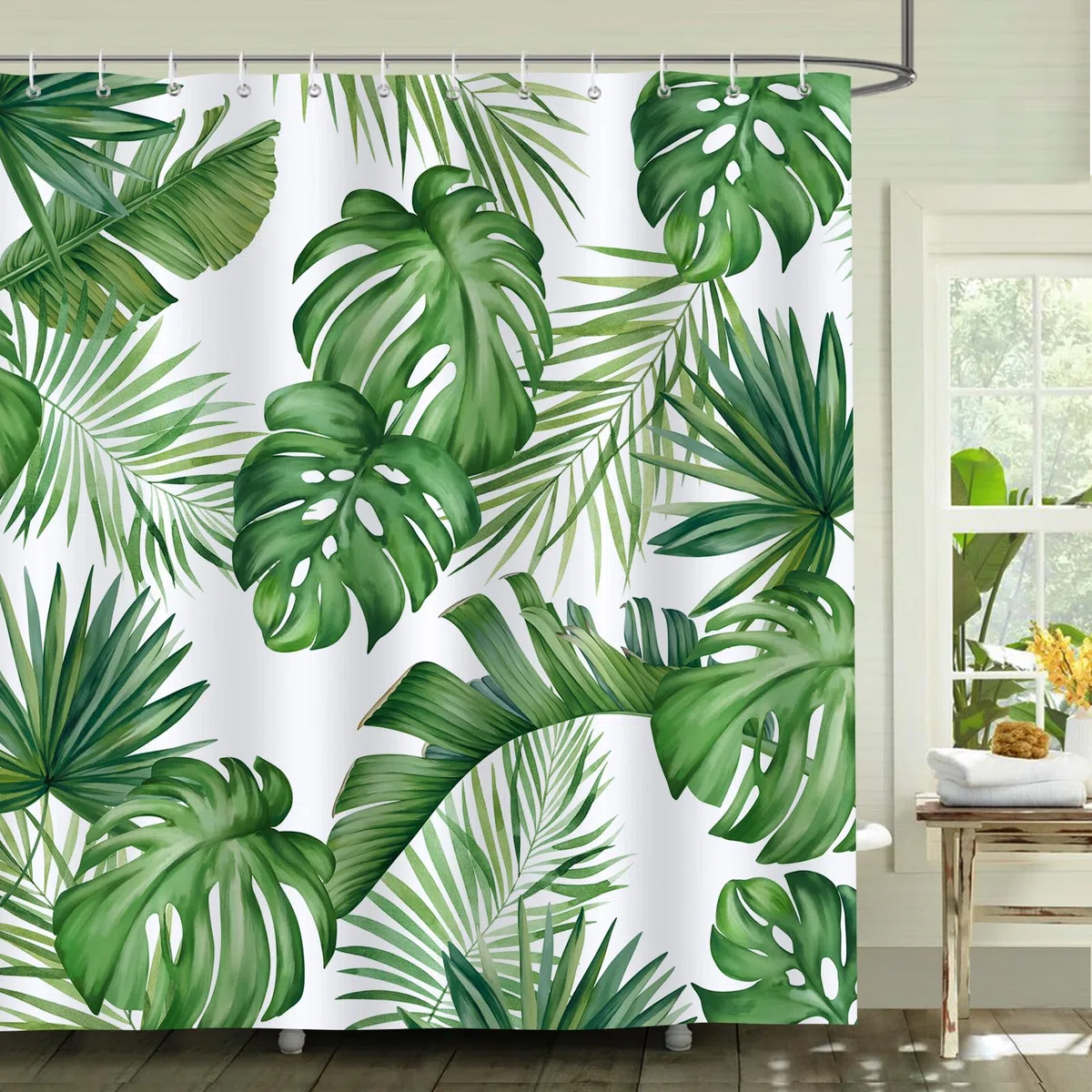 Bonhause Duschvorhang Grüne Blätter Tropische Pflanze Duschvorhänge 180 x 180 cm Anti-Schimmel Wasserdicht Polyester Stoff Waschbar Bad Vorhäng für Badzimmer mit 12 Haken