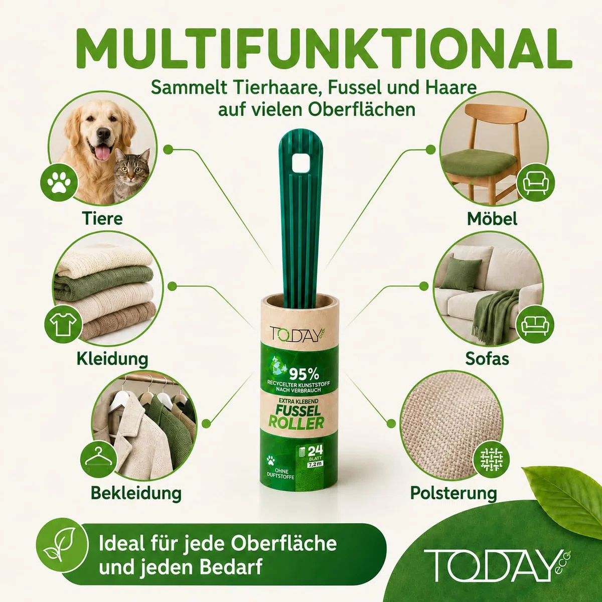 Today Eco - Fusselrolle 28 Rollen + Deckel + 2 Abroller 95% recyceltes Material - Fusselrolle Tierhaare Easy-Peel - Geeignet für Haare, Staub, Kleidung, Tierhare