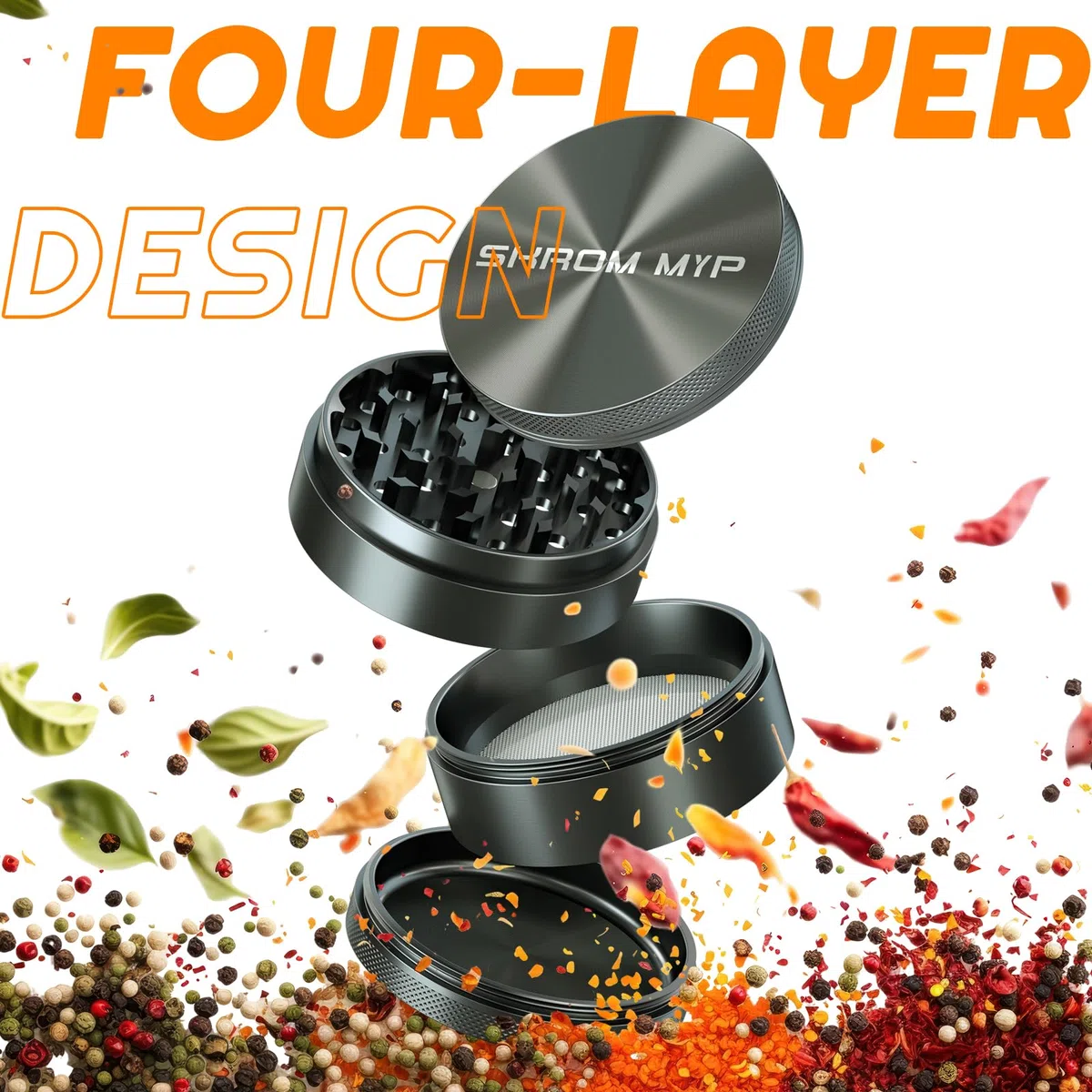 Grinder Crusher 4-Teiliges Set Ø 75 mm Große Größe Mühle Aluminiumlegierung mit Pollen Scraper für Spice Kräuter Gewürze Herb (Grau)