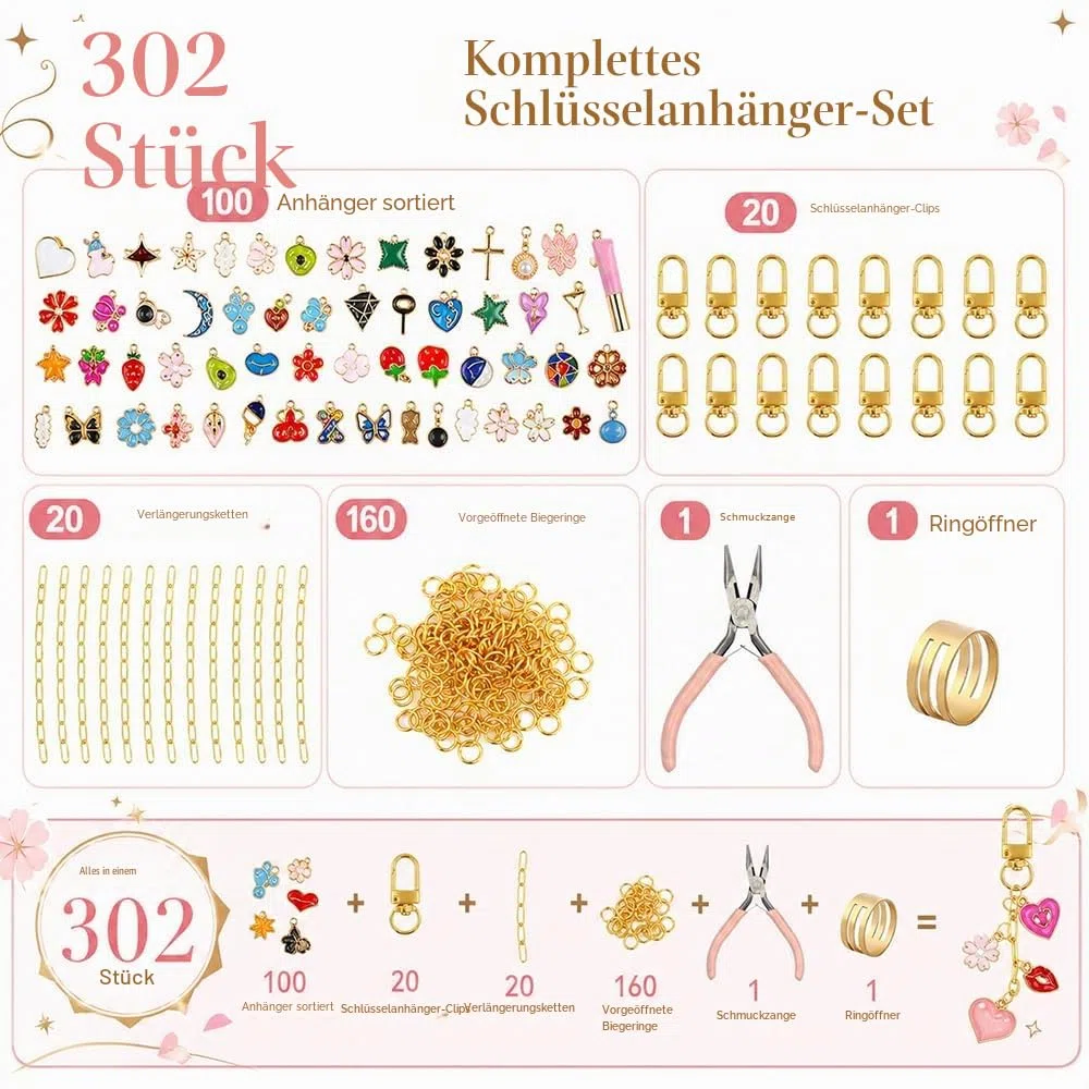 Gaiett 302 Pcs DIY Schlüsselanhänger Selber Machen, Anhänger Keychain Set inklusive 100 Charms, 20 Schlüsselanhänger Clips, 20 Verlängerungsketten, 160 Biegeringen und Schmuckzange