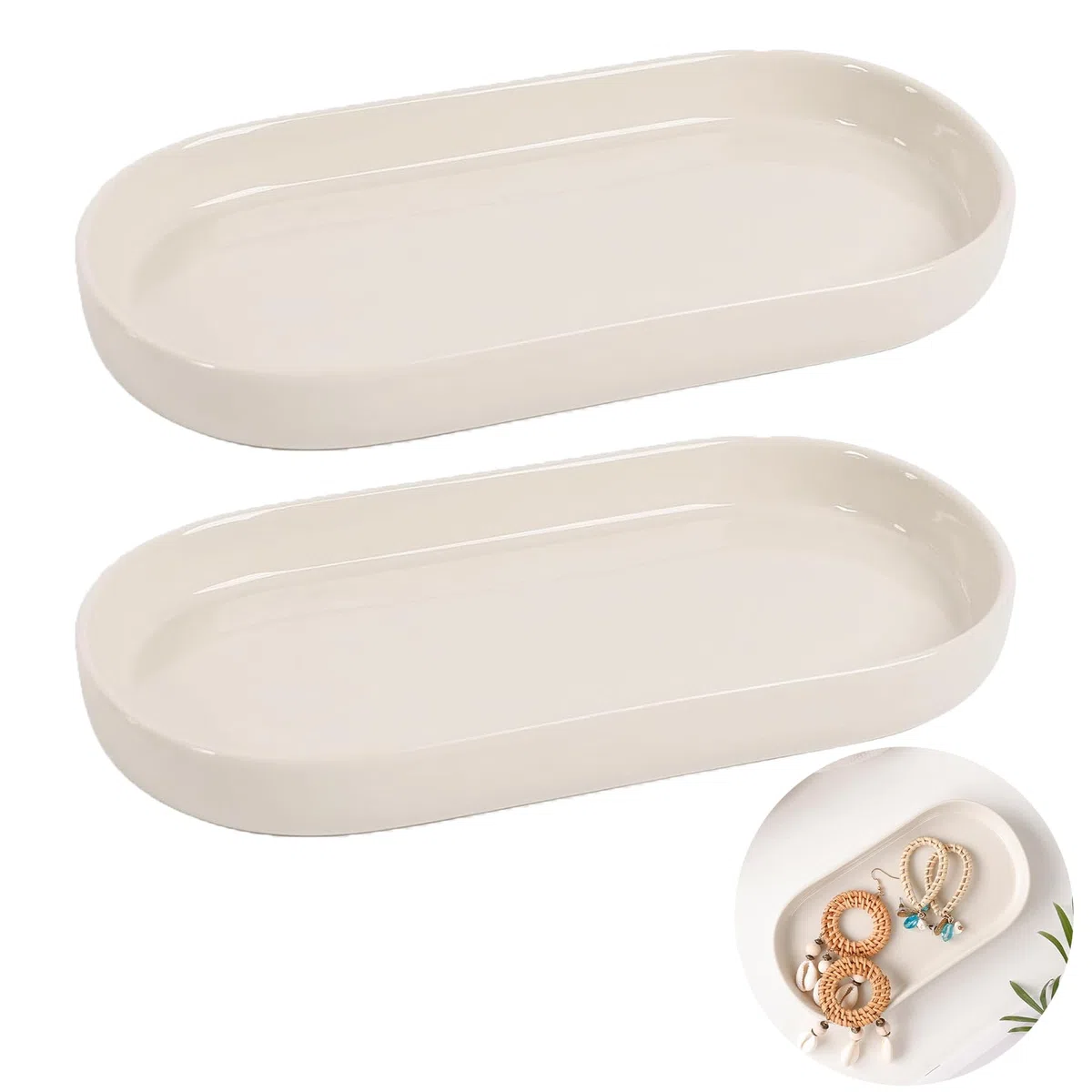 2 STK Deko Tablett Ceramics, Badezimmer Tablett Kosmetiktablett, Dekotablett Beige für Schminktische, Badezimmer, Küchen und Esszimmer (Beige)