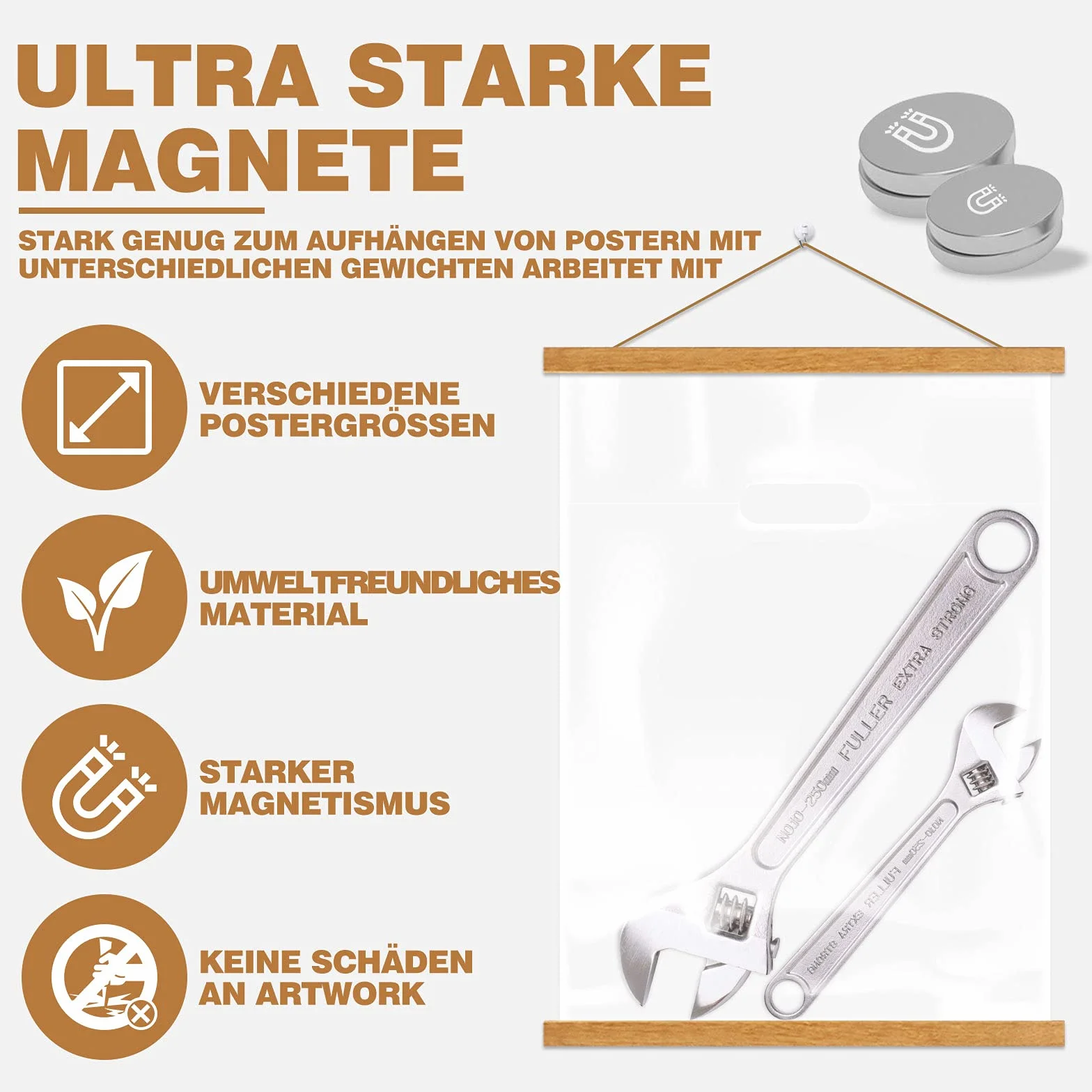 A1 Posterleiste Posterschiene Posterleisten 61CM, Magnet Magnetische Holz Poster Aufhänger Halter Rahmen Leisten Bilder Bild Bilderleiste Bilderrahmen 60x90 61x91.5 60x40 (61cm, Teak)