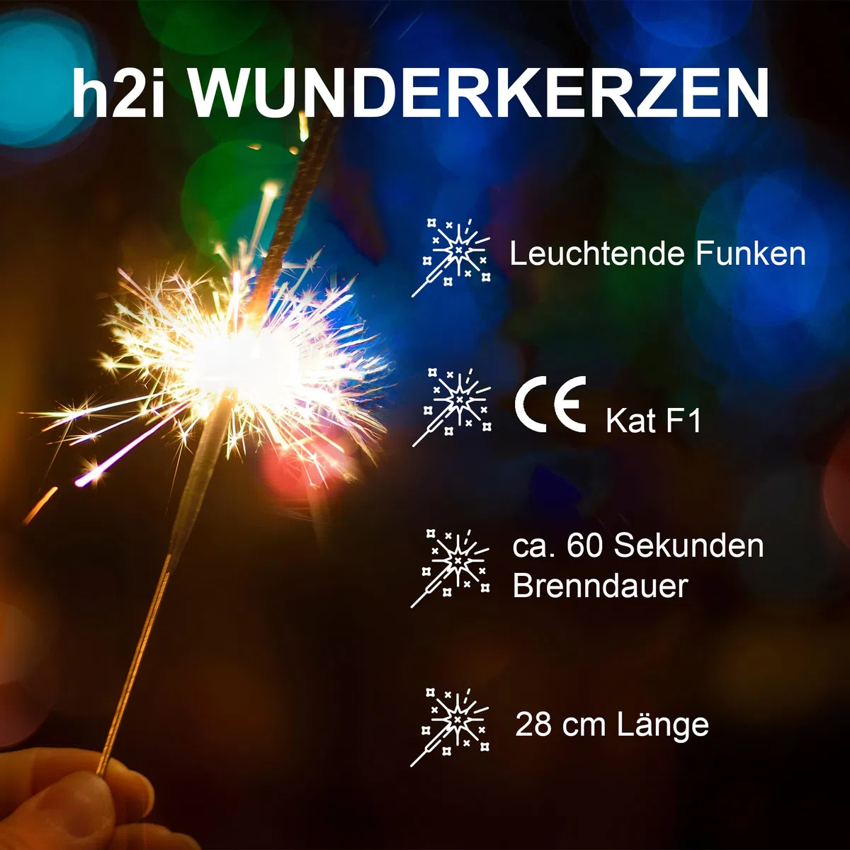 h2i Wunderkerzen | 100 Stück | 28 cm | Brenndauer ca. 60 Sek | Geburtstagskerzen Sprühkerze Spritzkerze Sternenspritzer und Funkenzauber für Party Hochzeit Silvester Geburtstag | Kat F1