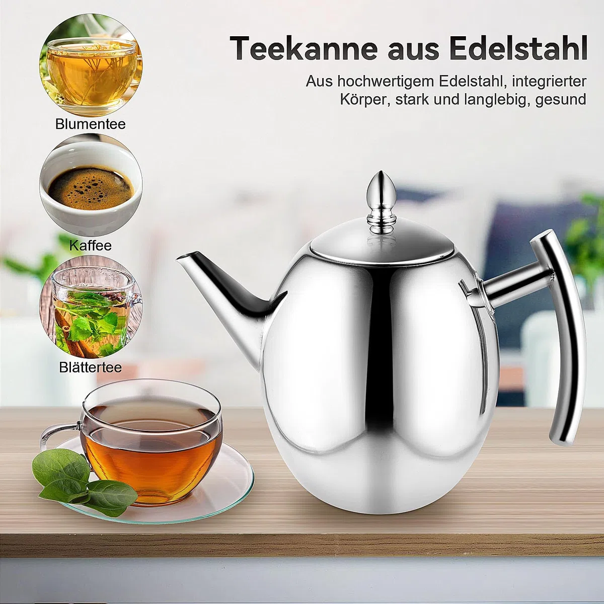 ColdShine 1,5 L Teekanne Edelstahl mit Siebeinsatz Teebereiter Thermo Doppelwandig Kaffeekanne mit Tee Sieb und Isoliertem Griff Campingkessel
