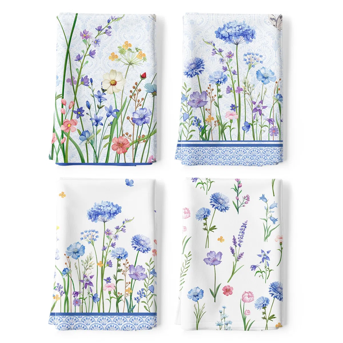 4er Set Geschirrtücher Blau Wildblume Küchentücher Schmetterling Blume Dekorative 100% Baumwolle, 48 x 70 cm, Trockentücher Saugstarke Geschenk, Küche Dekoration