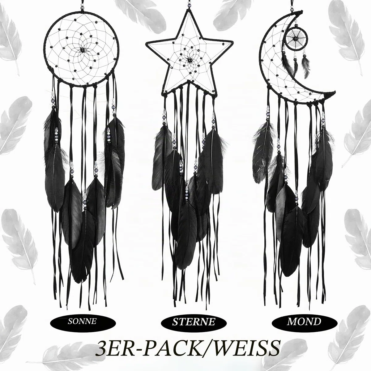 Jetec 3 Stück Traumfänger Mond Sonnen Stern Design Gross Traumfänger Handgefertigt Dream Catchers für Wand Kunst Hängend Deko für Schlafzimmer Drinnen Intdoor Outdoor(Schwarz)