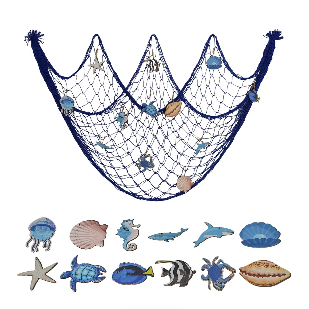 Mediterranes Fischernetz Deko-Set, 100x200cm Baumwollnetz mit 12 Meeresanhängern, Marine Wanddekoration