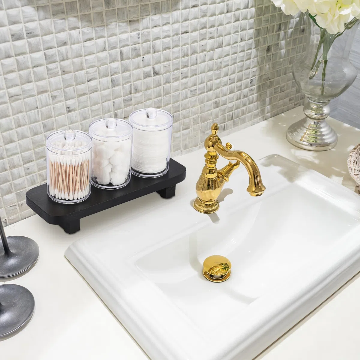Badezimmer Deko Holztablett Klein Servierplatte mit Füssen Schwarz Rechteckig Kosmetiktablett Schmuckteller Schmuckschale Tischtablett für Schminktisch, Toilettentisch, Waschtisch, Spüle