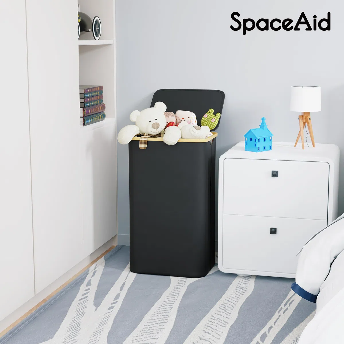 SpaceAid Wäschekorb mit Deckel 110L, Großer Hoher Wäschekorb Faltbar mit Bambusgriffen für Schlafzimmer, Badezimmer, Schlafsaal, Waschküche - Schwarz