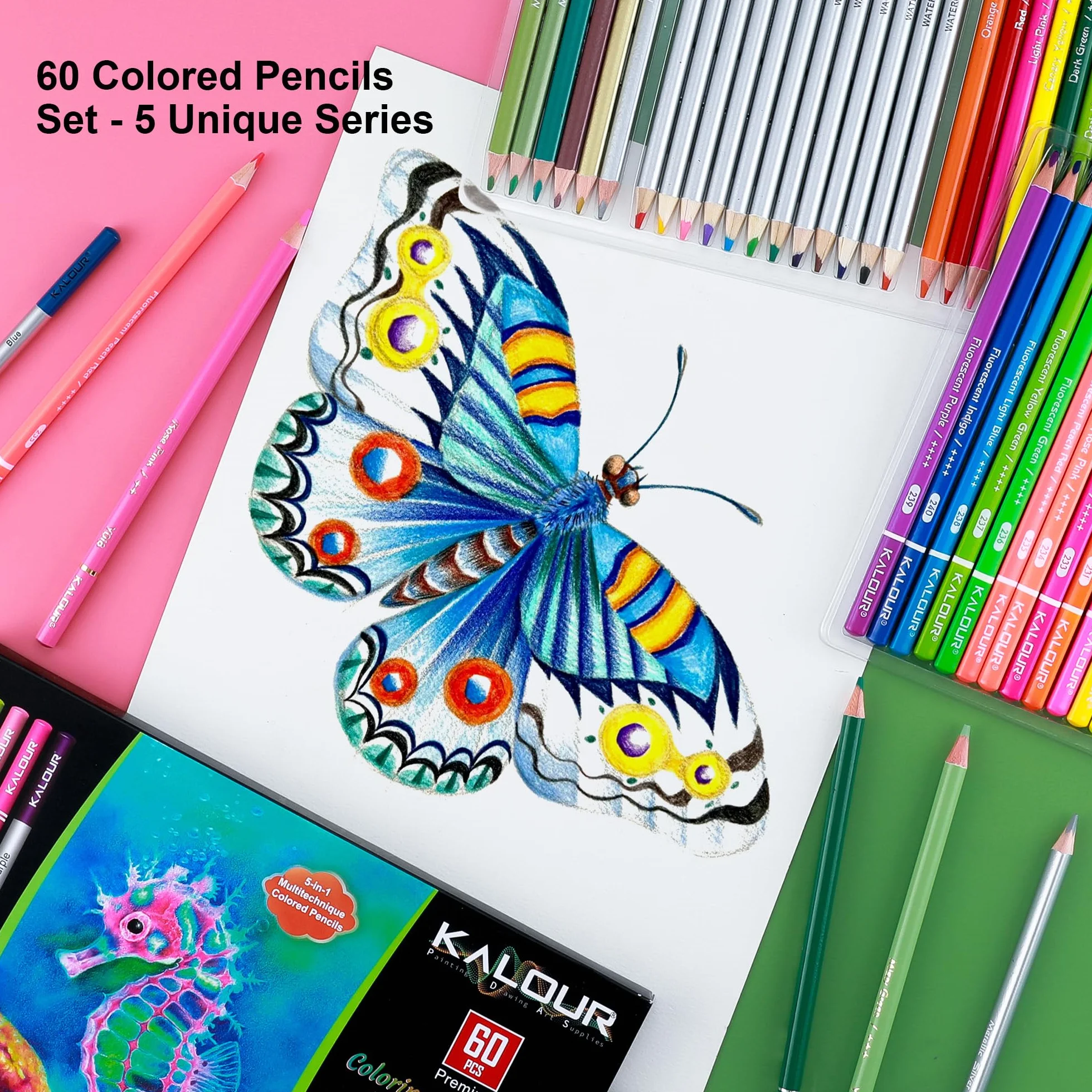 Kalour 60 Kunst-Zeichenstifte-Set, einschließlich ölbasierter, metallischer, Aquarell-, Neon- und Macaron-Pastellstifte. Ideal zum Skizzieren, Ausmalen und DIY-Basteln, Geschenk für erwachsene