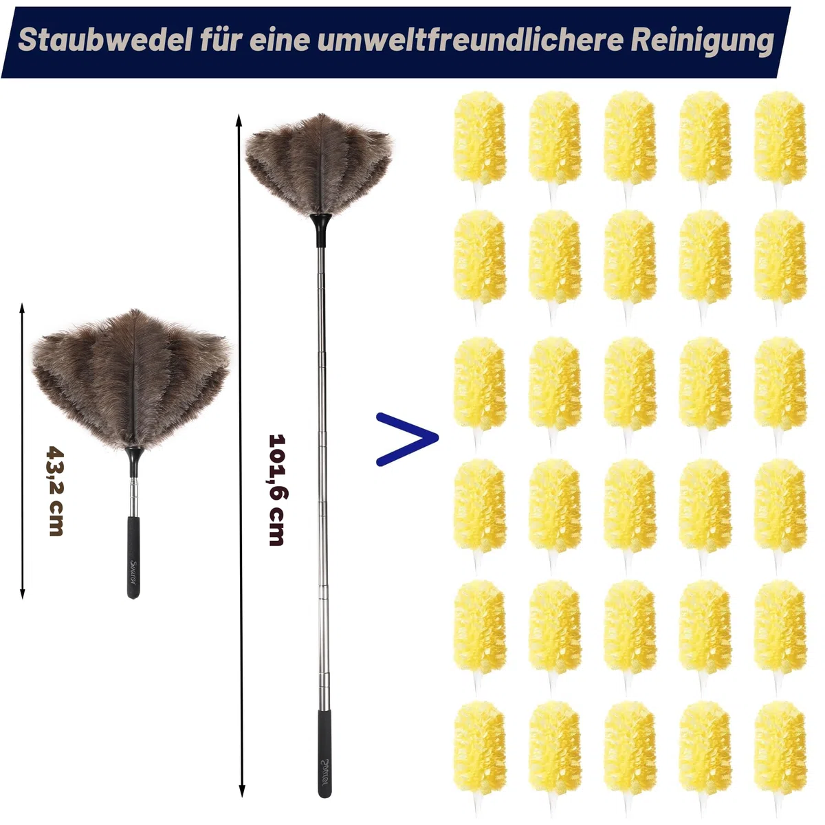 Soarer Ausziehbarer Straußenfeder-Staubwedel – 101,6 cm Flauschiger Langer Griff, wiederverwendbarer Staubwedel zur Reinigung von Deckenventilatoren, Hängelampen, hohen Decken, Jalousien, Möbeln
