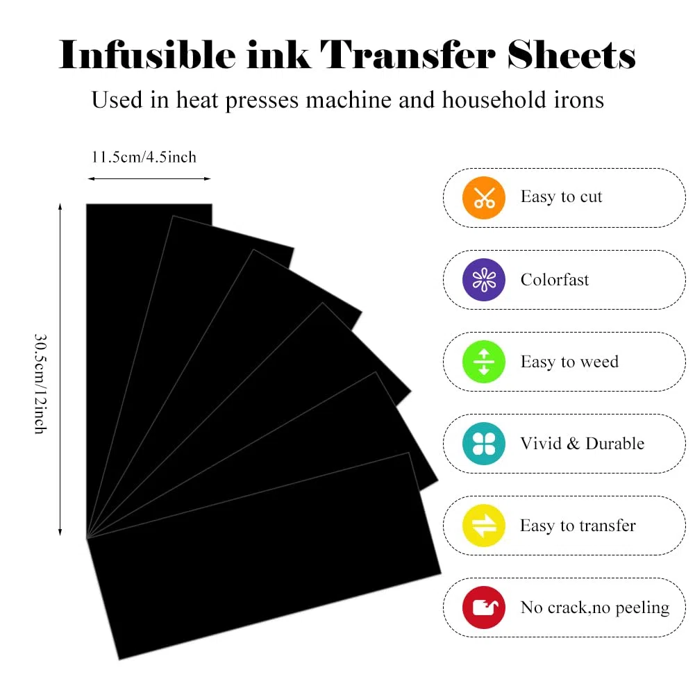 Infusible Transfer Ink Sheets für Cricut Joy 12 Stück/Set Schwarz Infusible Ink Folie 11.5x30.5cm Sublimation Papier Sublimationstintenblatt für Wärmepressmaschine für DIY T-Shirt, Tasse, Canvas