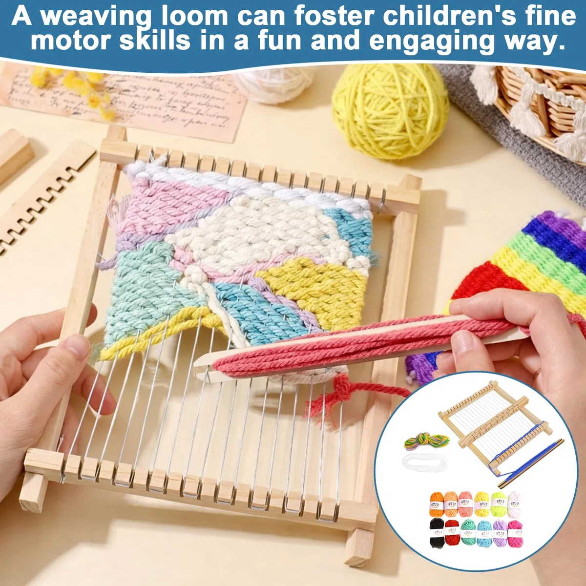 Webrahmen für Kinder mit 12 GarnbüNdeln, 20x17 cm Holz Webstuhl Set mit Farbige Wolle, DIY Holz Webrahmen Set für AnfäNger zum Stricken und Gestalten
