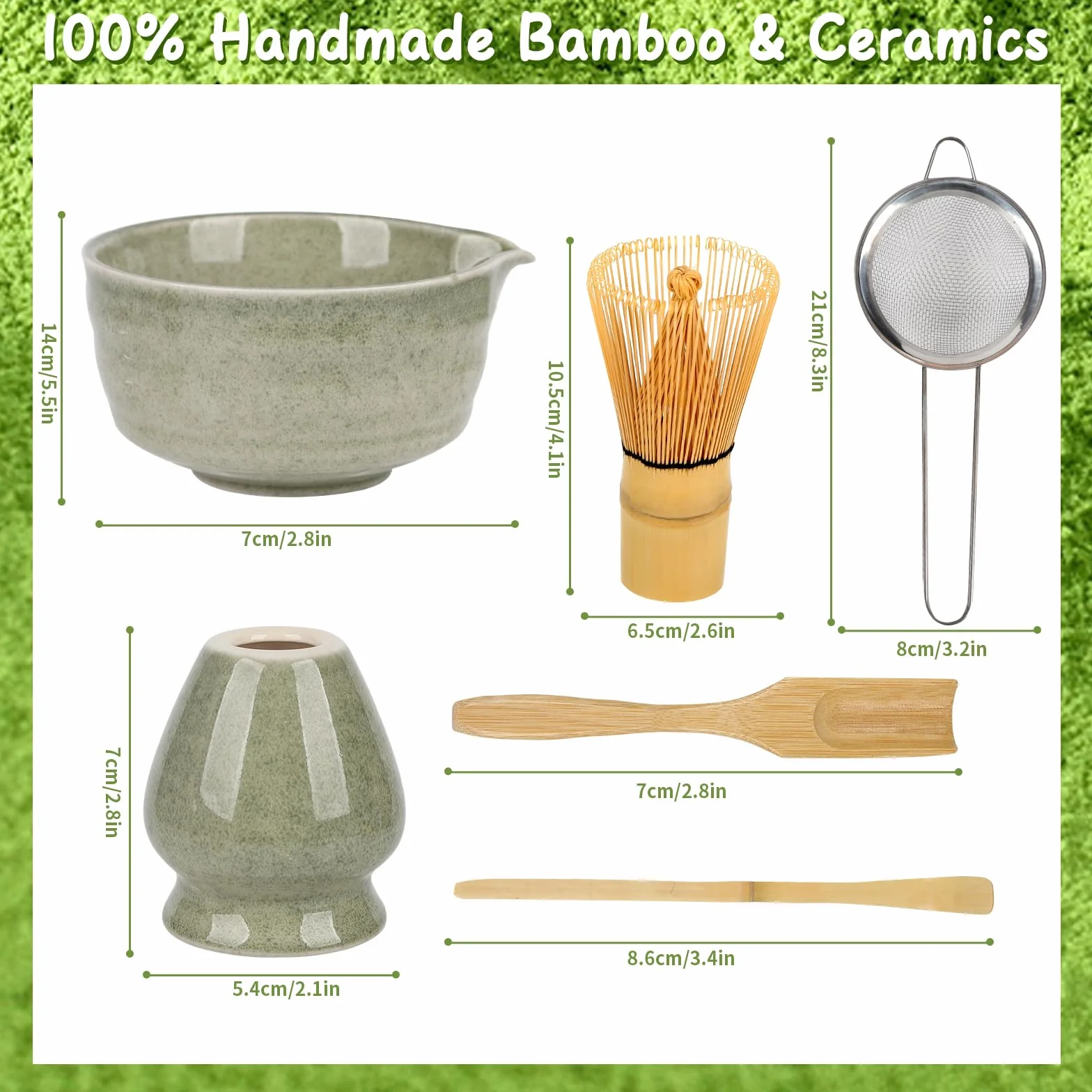 Matcha Set, 6 Stück Matcha Tee Set mit Matcha Besen, Edelstahlsieb, Matcha Schale, 2 Matcha Löffel, Besenhalter aus Keramik, Geschenk für Matcha-Liebhaber, Grün