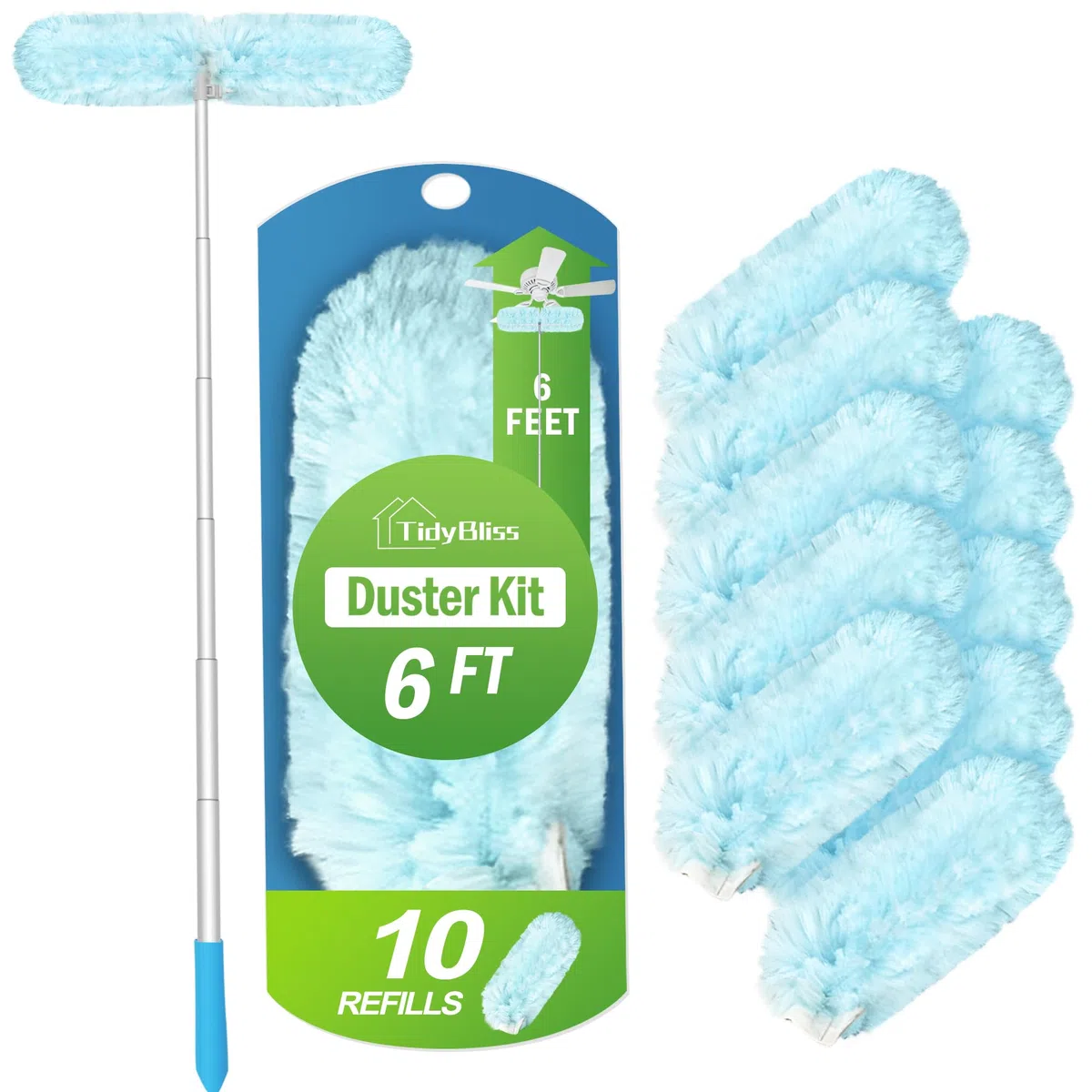 TidyBliss Staubwedel Teleskopstange für Swiffer, 180cm Staubmagnet Lang Ausziehbar mit 10 Nachfüllpack, 360 Grad Teleskop Spinnenwebenentferner Staubwischer zum Reinigen Decke Ventilator Wand