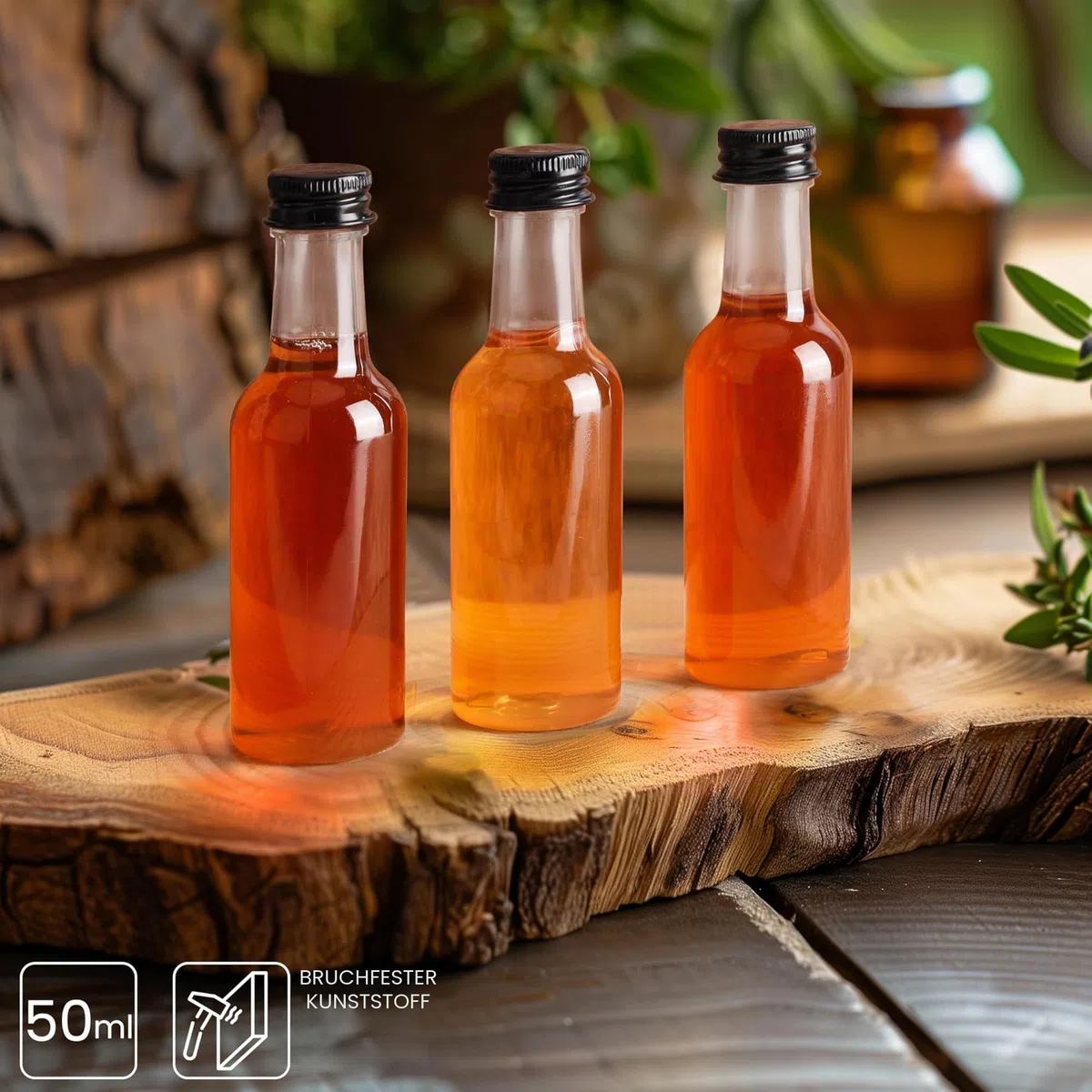 BELLE VOUS Mini Fläschchen Kunststoff Likörflaschen 48 Stk - 50ml Plastik Wiederverwendbar, leere kleine Schnapsflaschen mit Schwarzem Deckel u. Trichter für Hochzeiten,Party, Kunst, Events