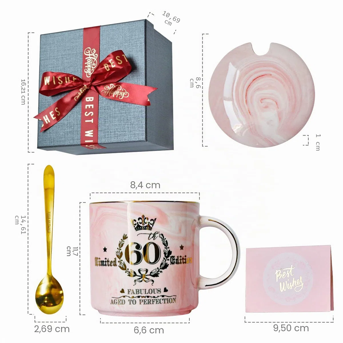 Geschenke zum 60 Geburtstag Frau, Fabelhafter 60. Limited Edition, 400ml Rosa Marmor Kaffeetasse mit Golddruck, Geschenk für Frauen zum 60.ter Geburtstag, Oma, Mutter, Schwester, Schöne Geschenkbox