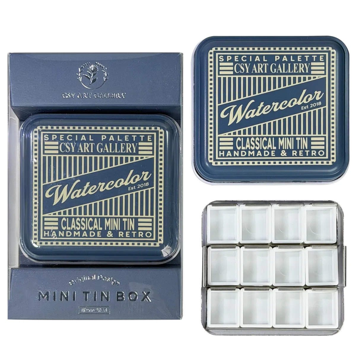 Aquarell-Reisepalette mit 12 halben Näpfchen – Farbkasten im amerikanischen Vintage-Stil mit Deckel als Mischpalette – für DIY-Malerei mit Aquarell-, Öl- oder Acrylfarben (05 Tiefblau)