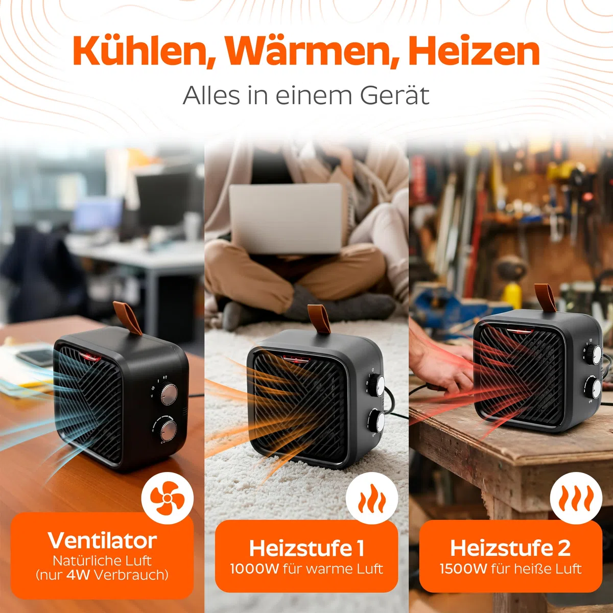 ONBEST 3 in 1 Keramik Elektro Heizlüfter – Elektroheizung klein & leiser Heizungslüfter mit Thermostat (1000/1500 W + 4 W Ventilator), energiesparender elektrischer Heizer/Heizgebläse für Innenräume
