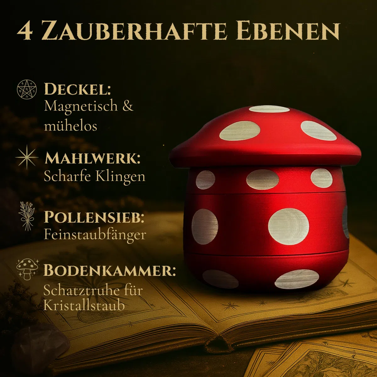 Viberium Metall Grinder Groß 45 mm - Crusher, Kräutermühle, Kräuter Zubehör Geschenk, Grind, Herb Grinder 4 teilig, Cruncher Mühle Aluminium, Grinders Accessories, Grindr Gifts Set Rot