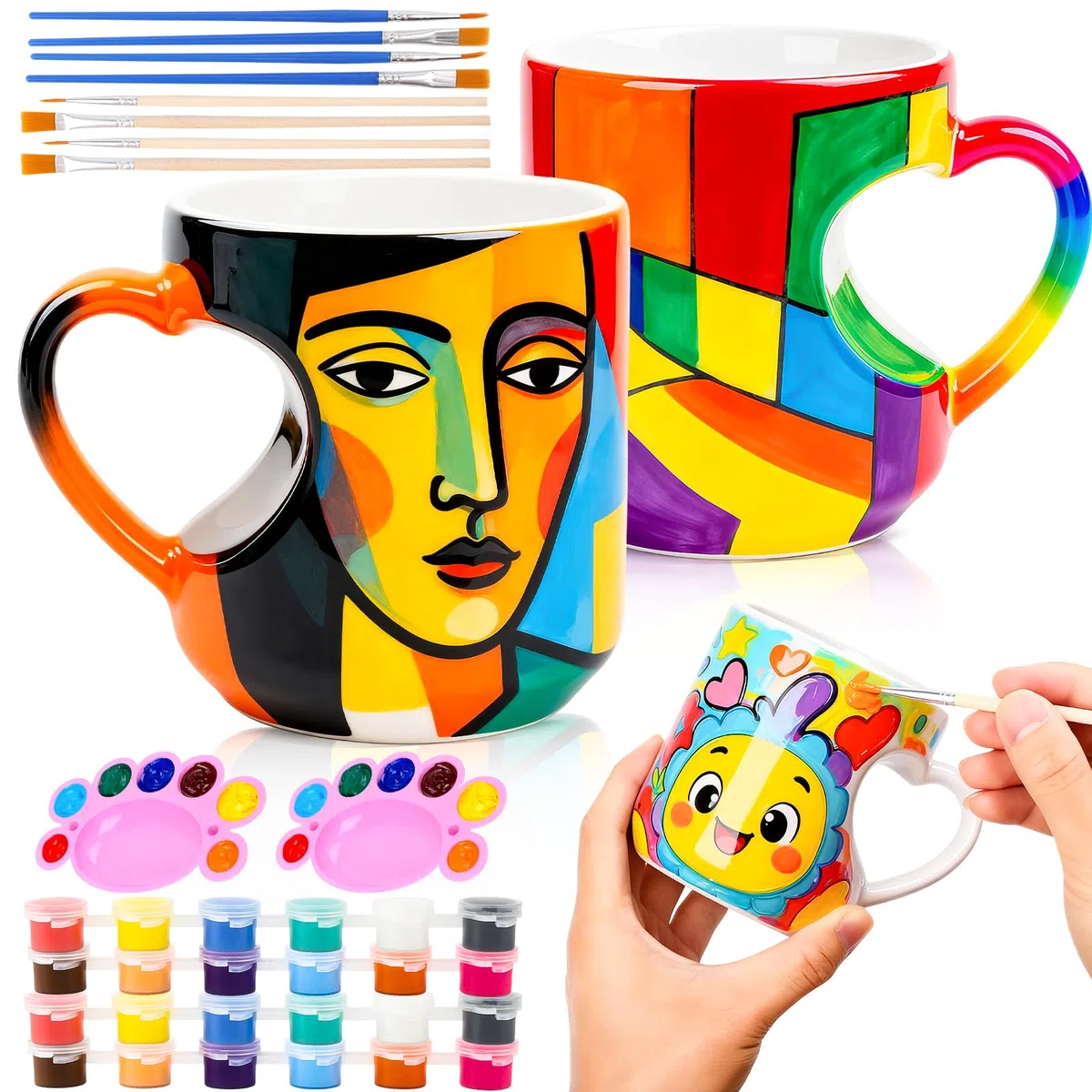 Yaunming Keramik Bemalen Set Tassen Bemalen Set Diy Set Erwachsene, EnthäLt 2 HerzföRmige Keramikbecher, 12 Bleifreie Farben, 8 Professionelle Pinsel, Basteln für Erwachsene
