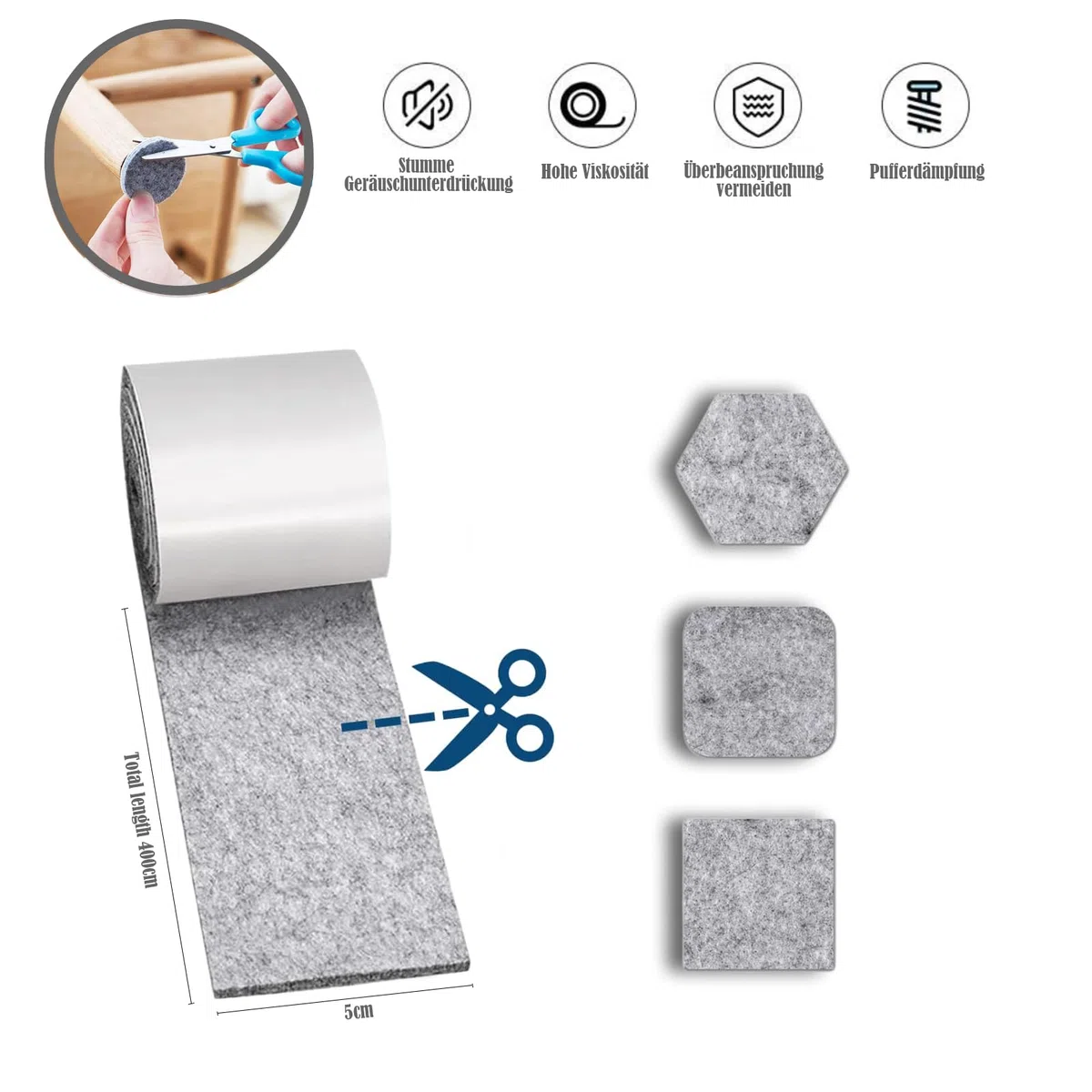 Filzgleiter Selbstklebend, Filz Selbstklebende,Filzgleiter für Stühle,Schneiden Sie Jede Form Filzband,für Stühle Vasen Sofas Schreibtische,4m*5cm*3mm(Grau)