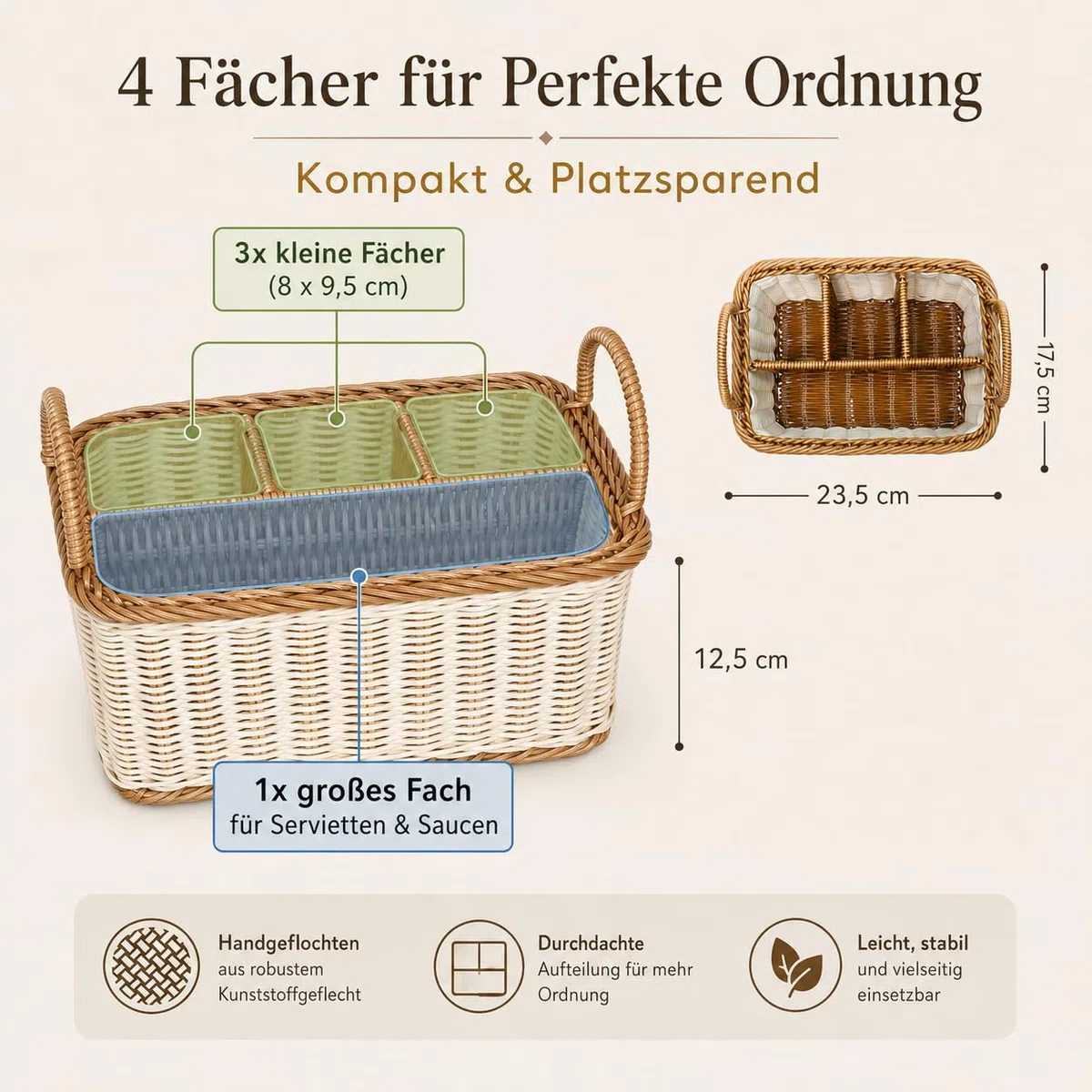 Besteckhalter aus Rattan, Besteckkorb Geflochten für Tisch, Tischbutler für Besteck und Utensilien mit Griffen und 4 Fächern, Waschbarer Besteckorganizer für Küche, Esszimmer, Garten oder Picknick