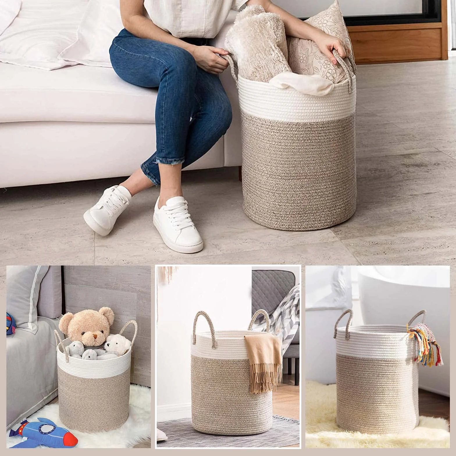 Wäschekorb mit Henkel Faltbar Geflochten Groß Wäschesammler Wäschesortierer Wäschebox Wäschetonne Spielzeug Aufbewahrung Aufbewahrungskorb laundry baskets Wäschetruhe mit Griff Handarbeit,46x38cm