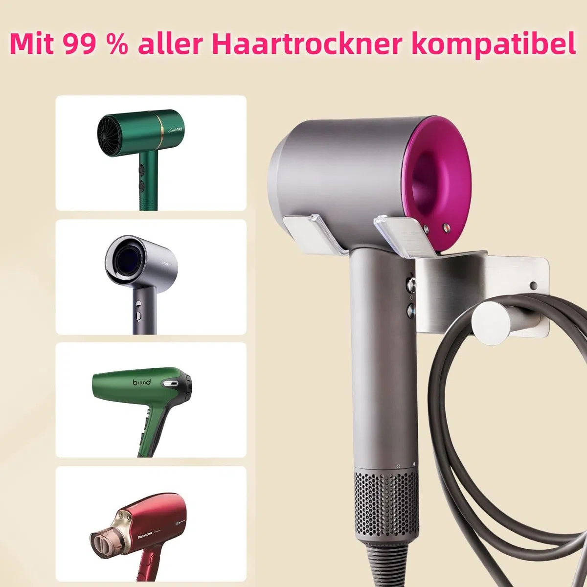 Föhn Halterung, Fönhalter Ohne Bohren, SUS304 Edelstahl Wand Ohne Bohren Föhnhalter Geeignet für die Meisten Haartrockner, Föhn Halterung Ohne Bohren fürs Badezimmer