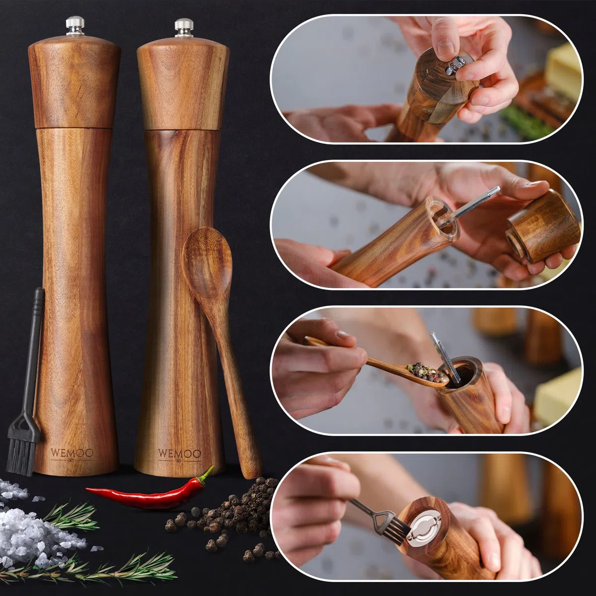 Salz und Pfeffermühle aus Holz sehr Gross (25,5 cm) | Gewürzmühlen mit robustem Keramikmahlwerk | Extra Befüllungslöffel und Reinigungspinsel | Set mit Pfeffer und Salzmühle