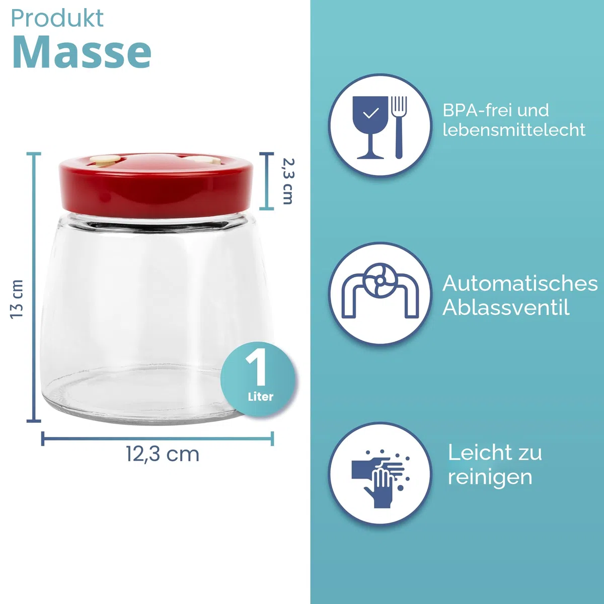 HEFTMAN Gärglas mit 1-Wege-Luftablassöffnung - 1 Liter 2er-Pack Lebensmittelecht Fermentierglas für Kefir, Kimchi, Sauerkraut, Sauerteigstarter, Overnight Oats - Gärgläser 2 Stück (Rot)