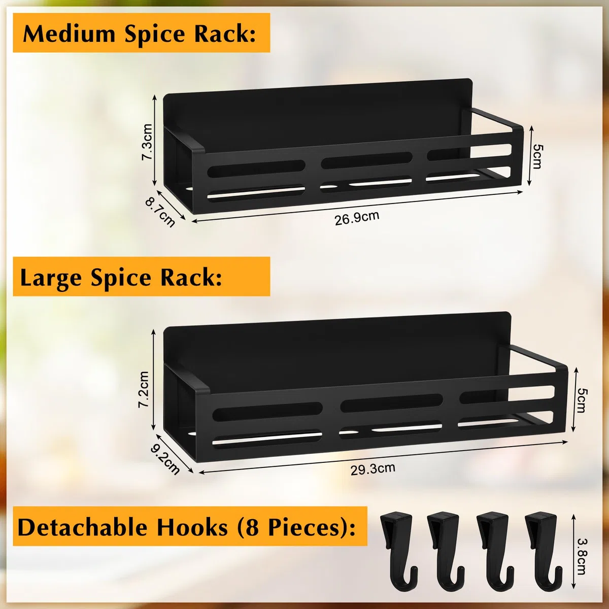 2 Stück Gewürzregale, Kühlschrank Regal Magnetisch mit 8 Haken Magnetregal Magnetic Spice Rack Kühlschrankregal Wandregal Küche Anti-Rost für Küchenorganisation und Lagerung (Schwarz)