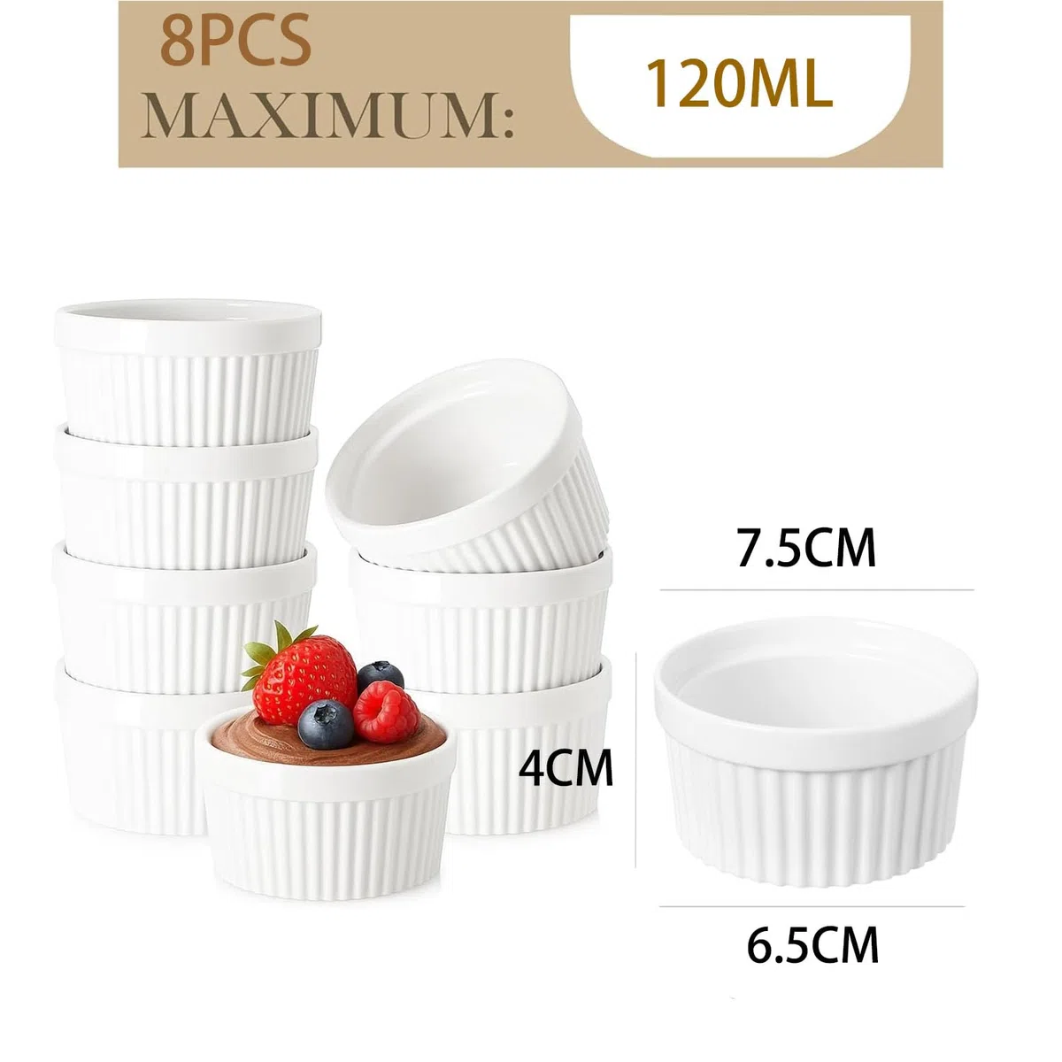 8 Stück Creme Brulee Schälchen,Souffle Förmchen Backofenfest,Ofenfeste Förmchen,Keramik Ramekins für Ragout Fin Schalen,Leckere Würzfleisch,Muffin,Panna Cotta,7.5cm 120 ml,Weiß