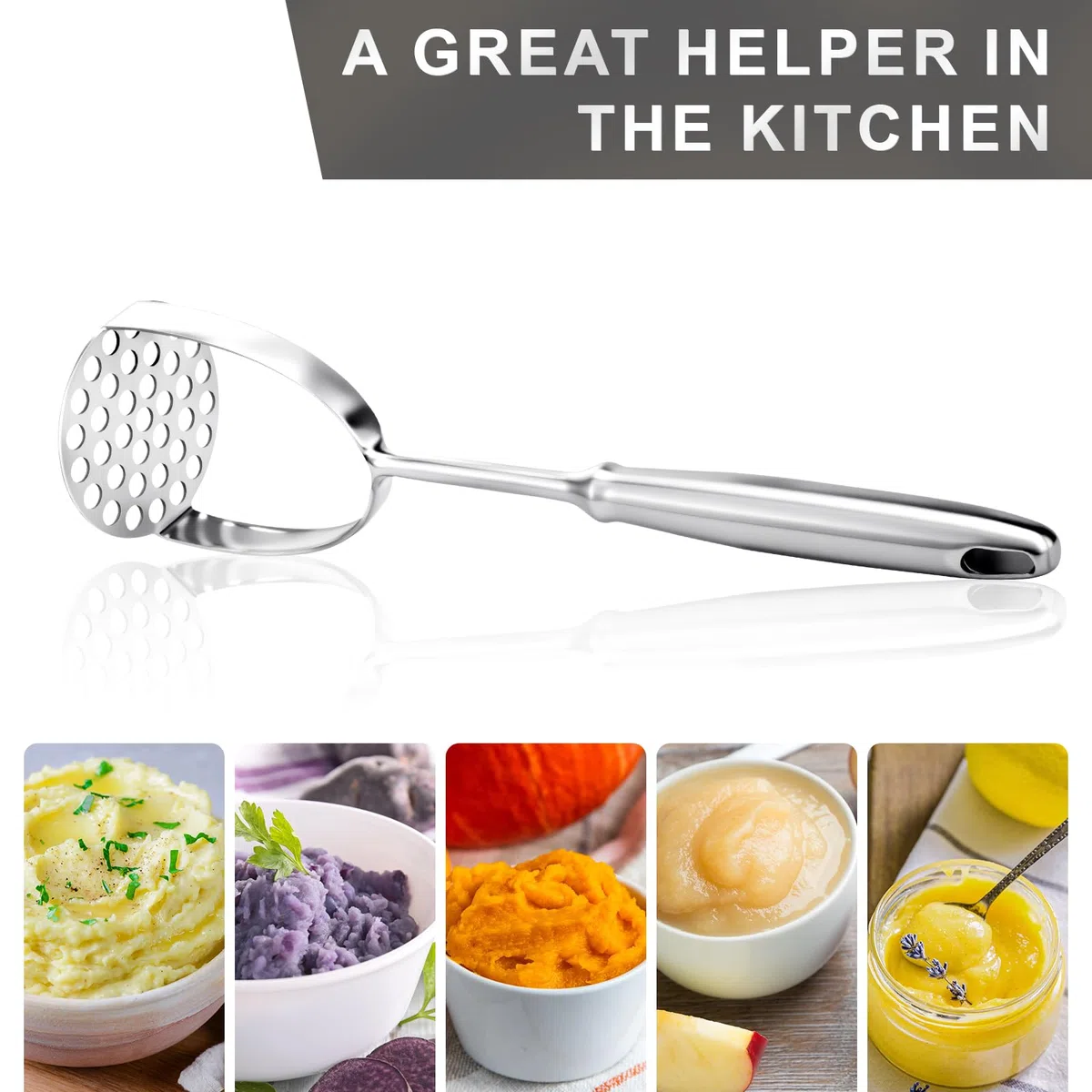 Kartoffelstampfer Edelstahl 32 cm mit Langem Griff,Stampfer Küche,Potato Masher für Spülmaschinenfest, Kartoffelbrei, Gemüse, Früchte