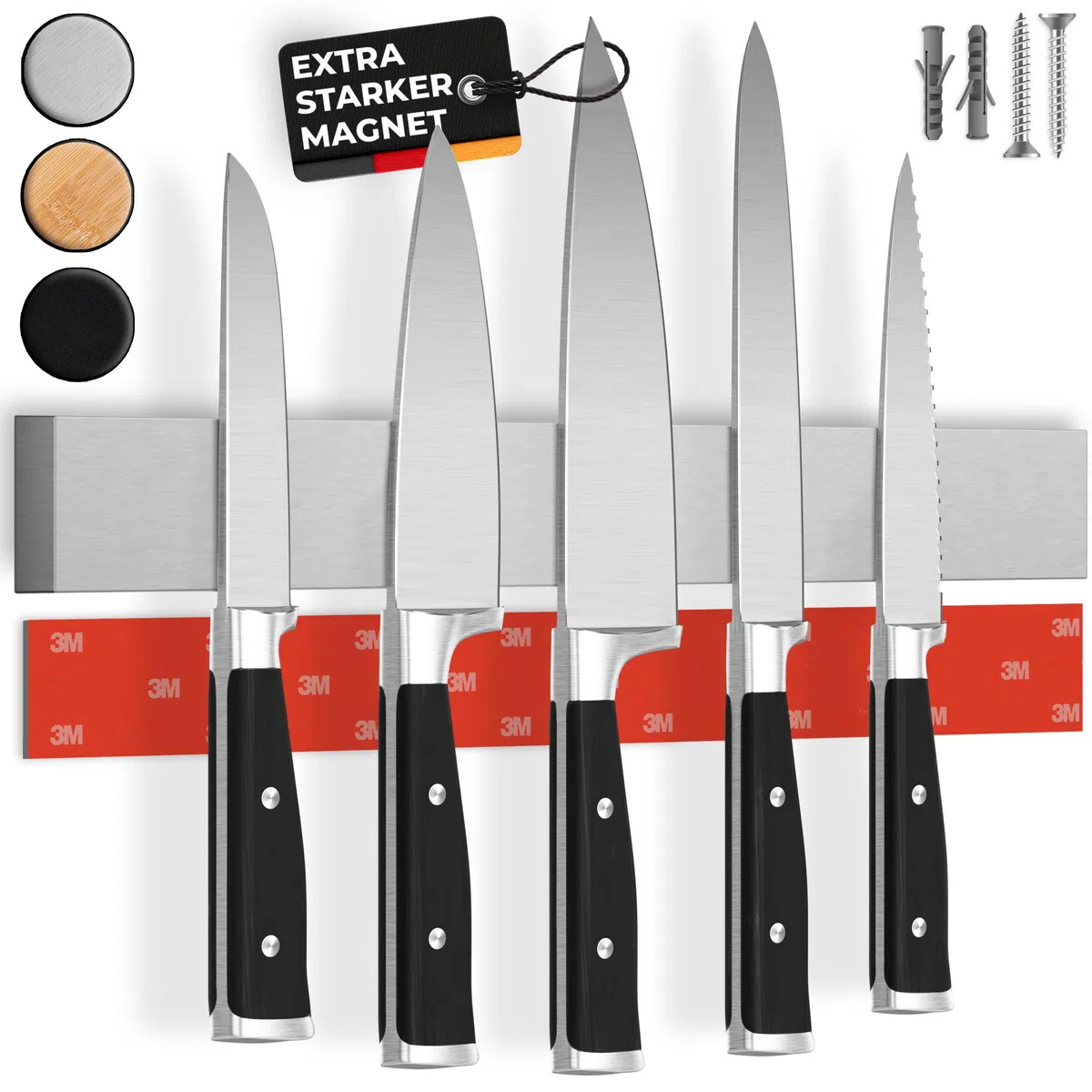 Messer Magnetleiste selbstklebend - Vergleichssieger mit extra starkem Magnet - Einfache Montage mit 3M Klebeband ohne Bohren, aus Premium-Edelstahl - 40cm