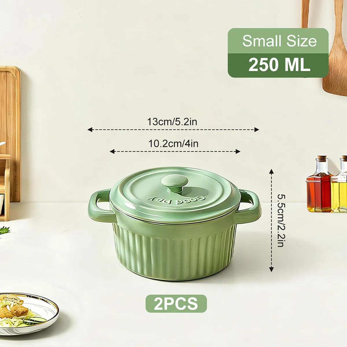 2er Mini Cocotte mit Deckel 250ML, Runde Auflaufform Klein, Keramik Auflaufformen mit Griffen für Lasagne, Soufflé, Gemüse, Creme Brûlée, für Heißluftfritteuse, Backofen, Mikrowellenherd, Grün