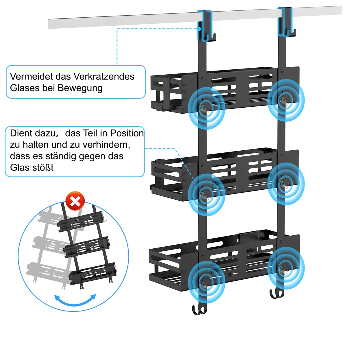 Vorlestour Duschablage 0hne Bohren Schwarz, Duschablage zum Hängen für Duschkabinentür, Duschregal zum Hängen mit 3 Duschkorb, 6 Saugnäpfe, 1 Glaswischerhaken und 2 Beweglichen Haken Ausgestattet