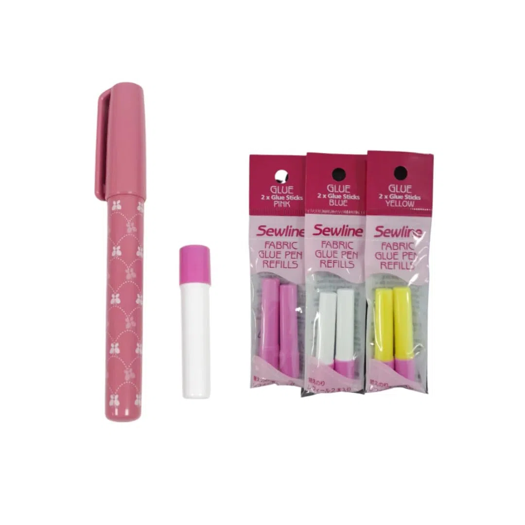 Sewline Riolis wasserlöslicher Textilkleber + Nachfüllpackung blau, gelb und rosa Gewebekleber