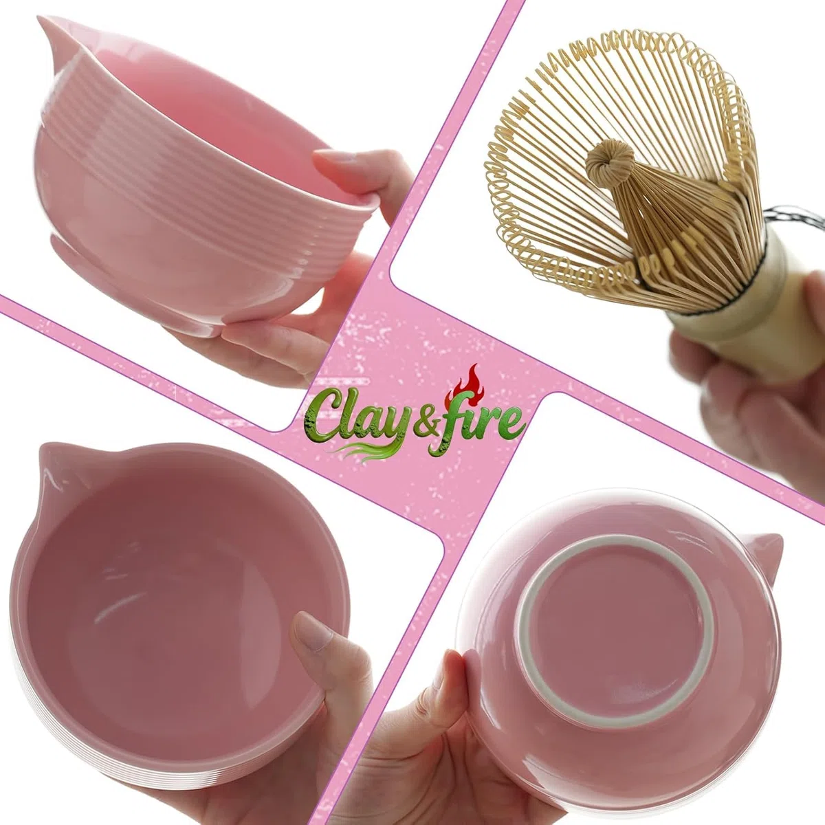 Clay&Fire Matcha Set, 9 Teiliges Matcha Besen Set - Bambus Matcha Whisk, Matcha Schale mit Auslauf, Japanisches Matcha Kit für Matcha-Liebhaber, Weihnachtsgeschenke,Geschenk (Streifen Rosa)