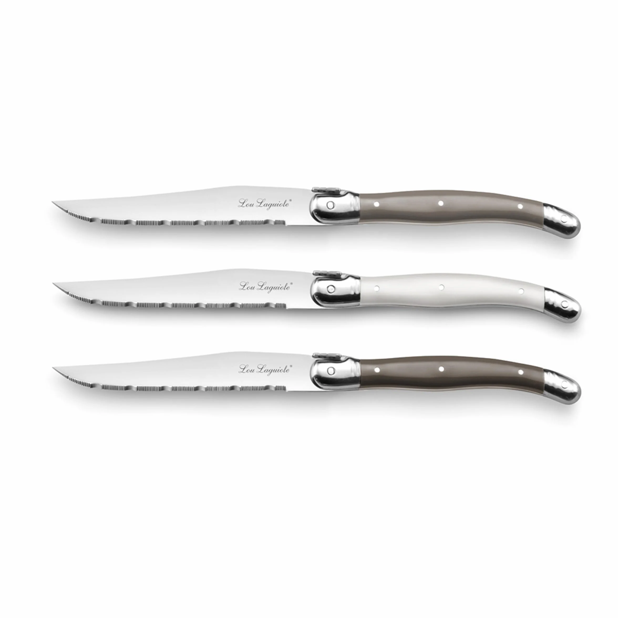 Lou Laguiole Steakmesser Set 6-teilig | 2511 Steakmesser mit Tradition und Stil | Griffe in Pfeffer, Perle & Taupe | Wellenschliff Messer
