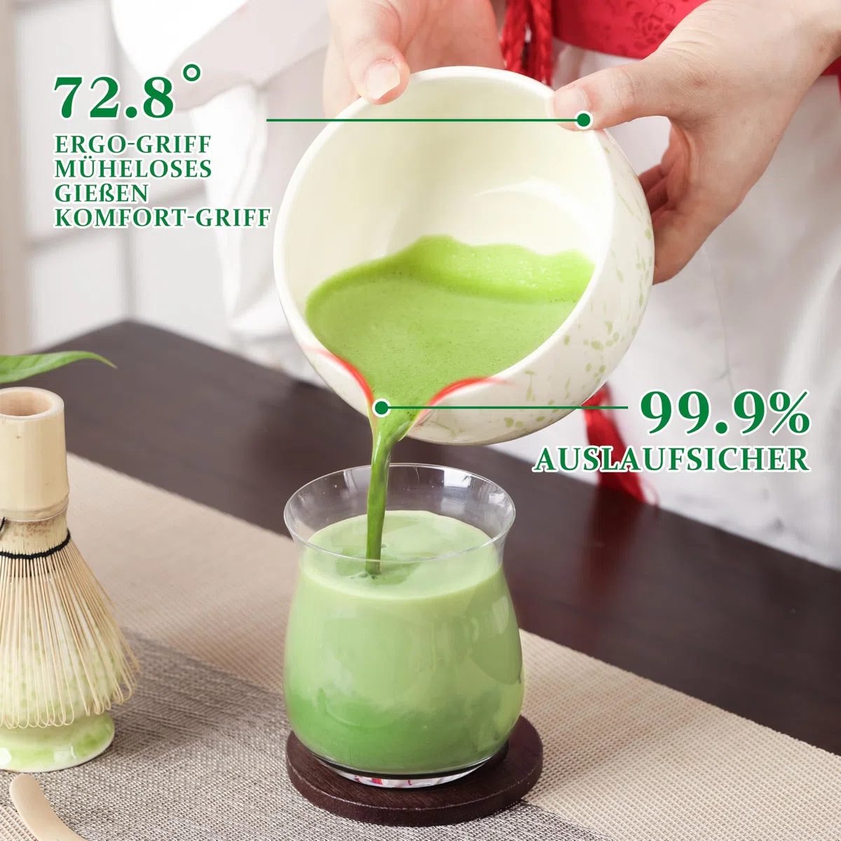 Matcha Set Beige Grün, 5-teiliges Matcha Besen Set,Premium Starter Set für Anfänger, Matcha Tee Set mit Sieb Chawan und Besen, Zubehör für das Matcha Tea Set Green/Rosa/Pink/Black