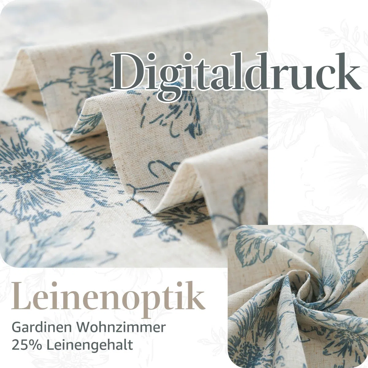 TOPICK Leinen Gardinen Floral Vorhänge mit verdeckten Schlaufen Lichtdurchlässig Bauernhaus Lang Gardinen Fensterschal für Wohnzimmer Schlafzimmer Fenster,2er Set 140 B x 175 H (cm),Blau auf Beige