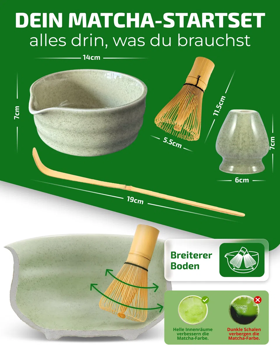Matcha Set Grün – Premium Matcha Tee Set mit Matcha Schale, Bambus Matcha Besen & Matcha Zubehör - Japanisches Matcha Set für Teezeremonie & Matcha-Latte (Grün)