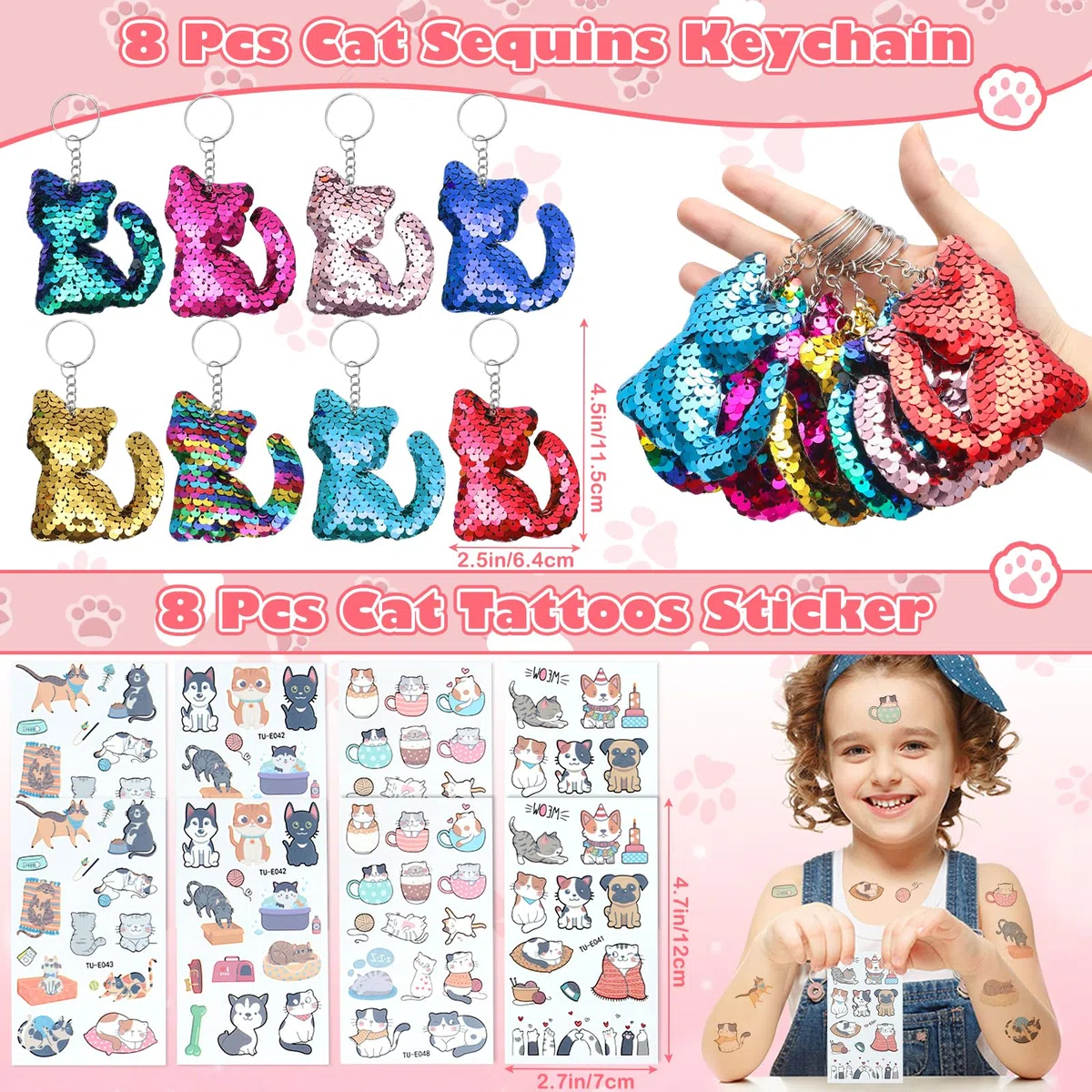 G.C Katzen Mitgebsel Kindergeburtstag Pinata Geburtstag Mädchen mit Pailletten Katzenohren Stirnband und Schlüsselanhänger Tattoo Katze Give Aways Gastgeschenk Mitbringsel Kindergeburtstag Mädchen