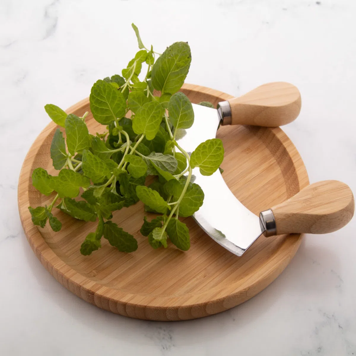 noTrash2003 Wiegemesser mit Brett - beidhändiges Kräutermesser mit Holzgriffen und einschneidiger Klinge für Kräuter und Gewürze mit Holzteller mit Mulde