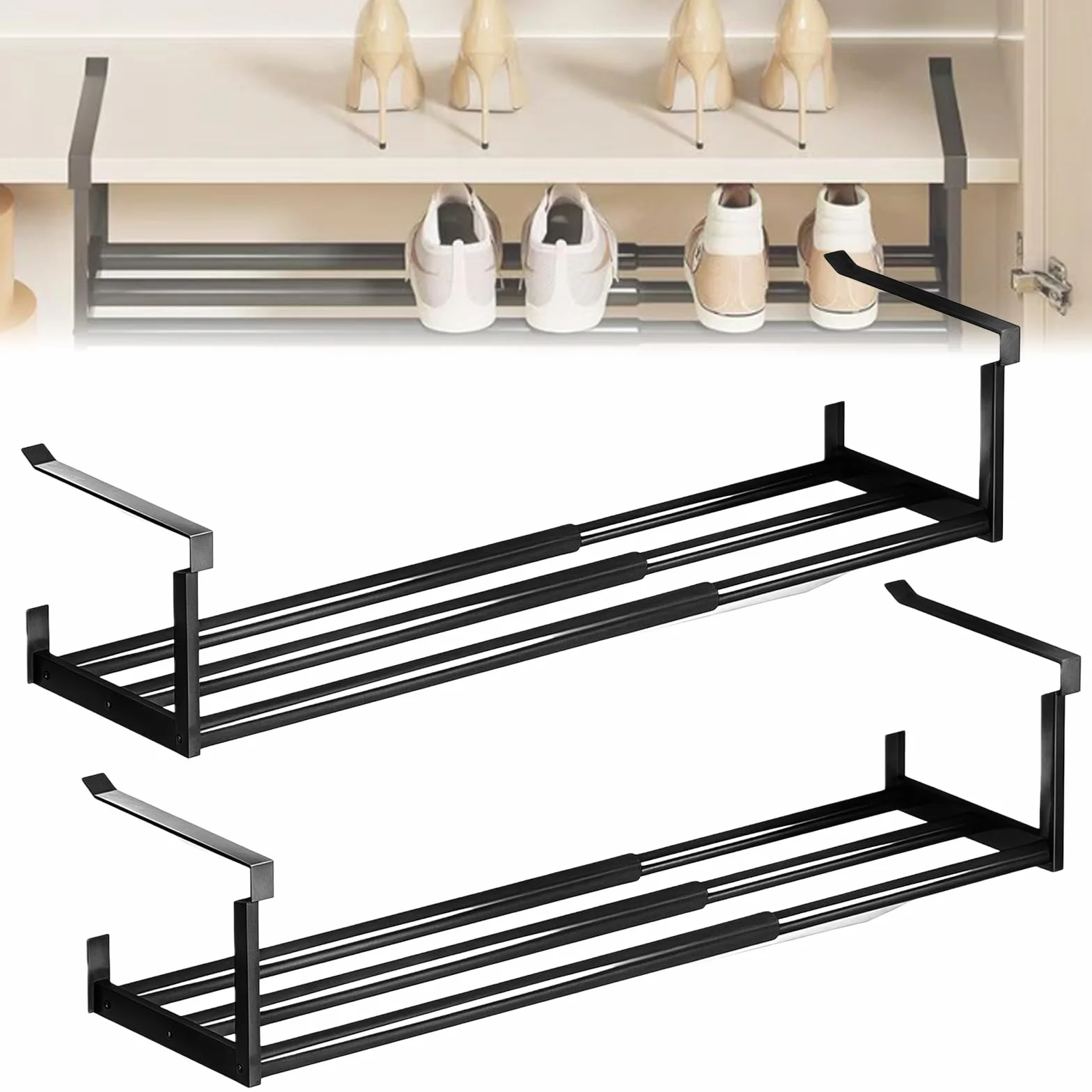 2 Stück Hängendes Schuhregal Organizer, 40-70cm Einlegeboden Schrank Teleskopregal, Unterregal Hängekorb, Erweiterbarer Regalboden Organizer für Schrank Schuh Küchen und Aufbewahrung
