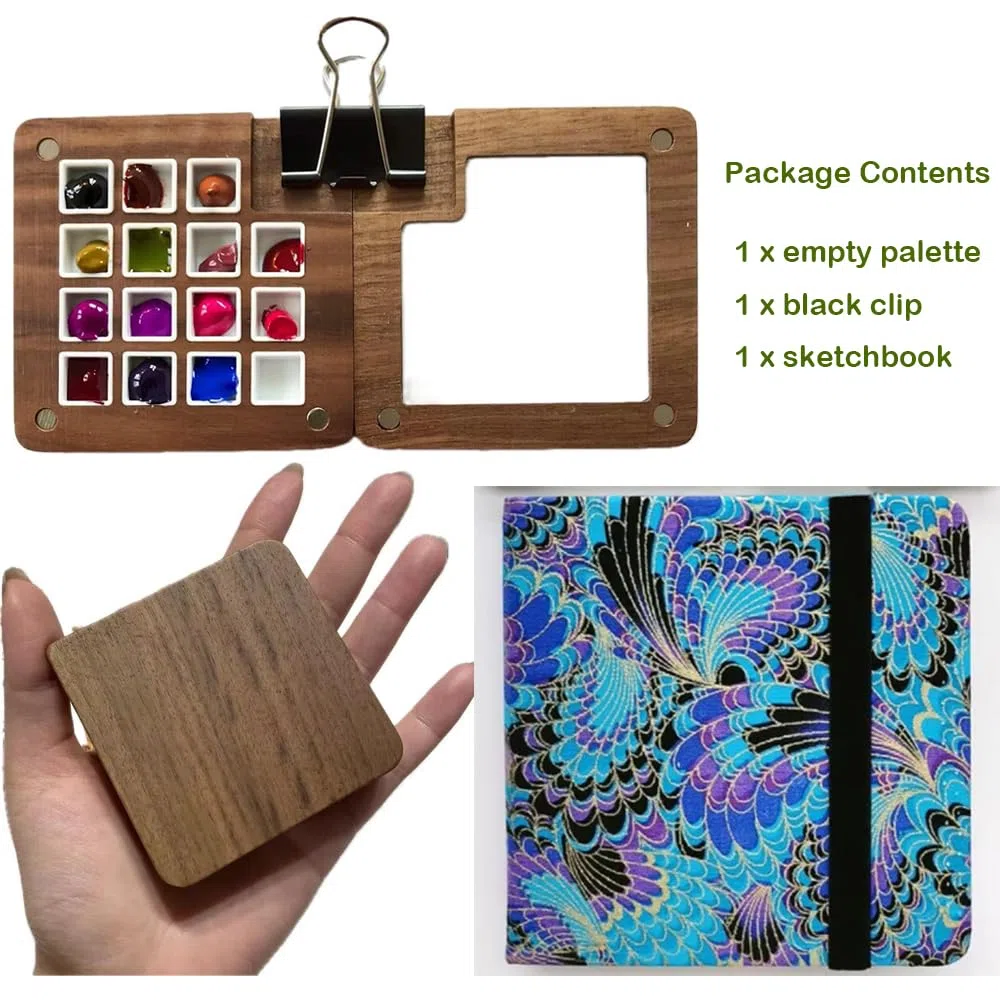 Reise-Skizzenbuch Palette, 15 Fächer, Mini-Holz-Magnet-Palette, Farbsparer 12 x 12 cm, Aquarell-Skizzenbuch, Tagebuch, 300 g/m², 24 Blatt, Kaltpress-Papier