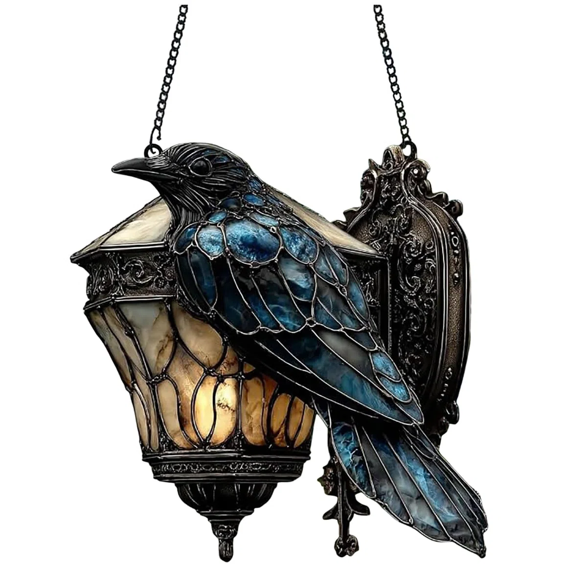Rabe auf Laterne, Sun Catcher Rabe Gothic auf Laterne, Dekoration, 2D, Acryl, Sonnenschutz, Fake Buntglasfenster, zum Aufhängen, für Halloween, als Party-Dekoration, Dark Academia zu Hause